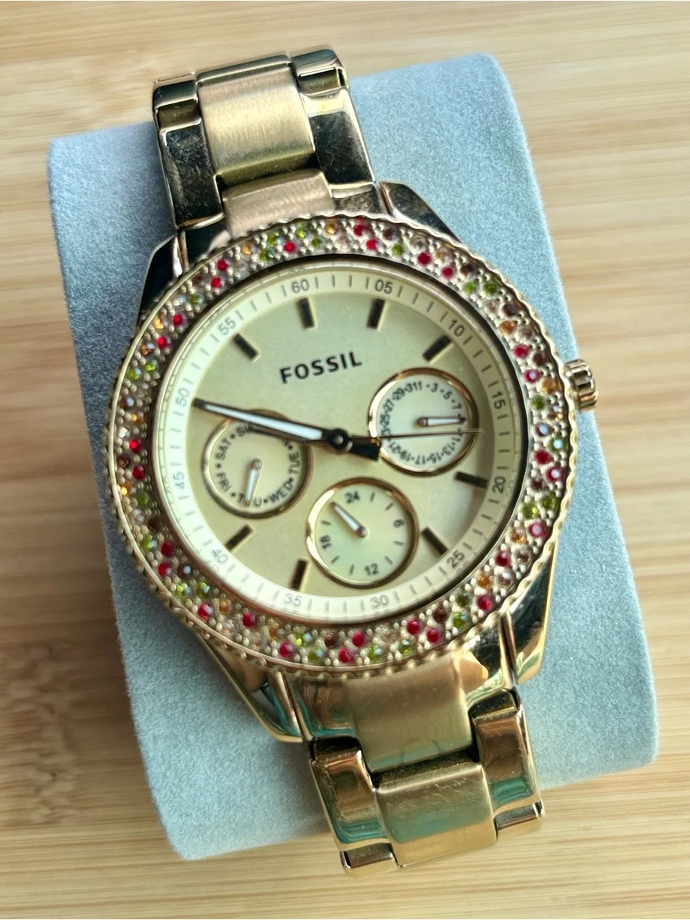 Fossil Stella Multi-Function Watch Gold Tone w/ Multicolored Crystal Stones 38mm